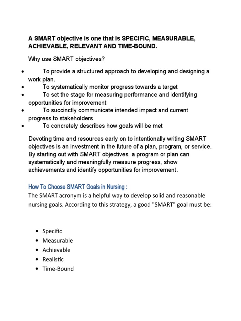 A SMART Objective Is One That Is SPECIFIC | PDF | Health Care | Nursing