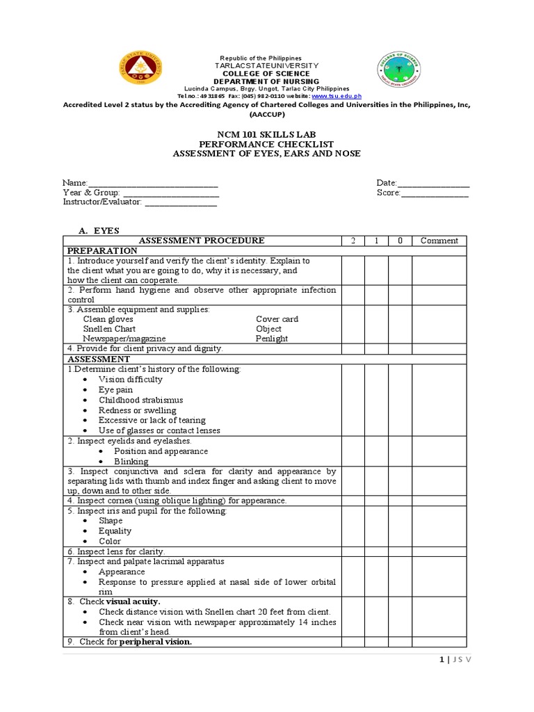 NCM 101 Skills Lab Performance Checklist Assessment of Eyes, Ears and ...