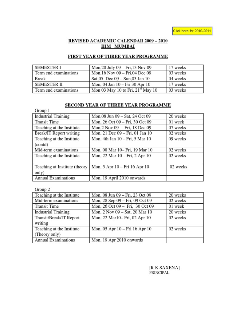 Revised Academic Calendar 2009 2010 Ihm Mumbai First Year of Three