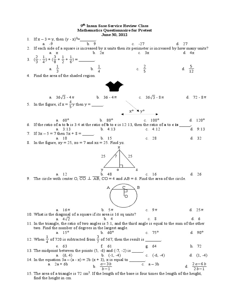 Mathematics Pretest Questionnaire | PDF | Numbers | Elementary Mathematics