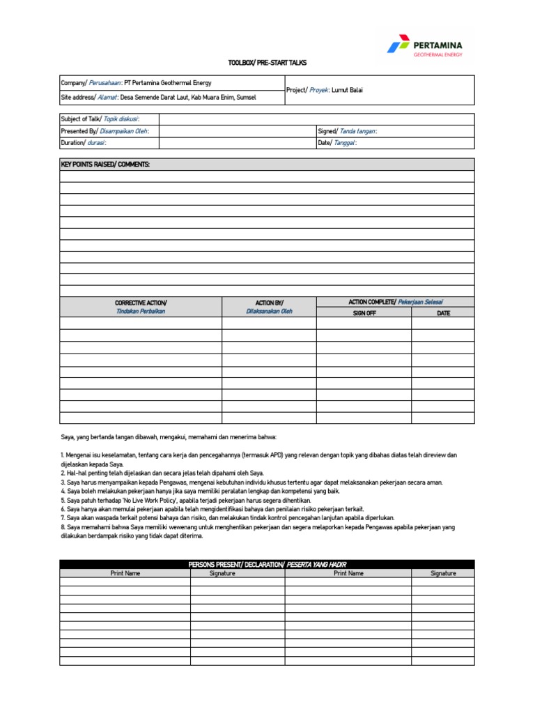 Toolbox Meeting Form PDF