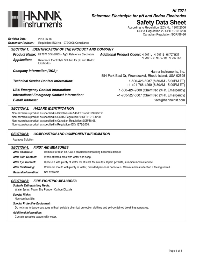Safety Data Sheet for HI 7071 3.5 M KCl + AgCl Reference Electrolyte