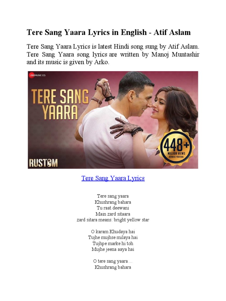 Tere Sang Yaara Lyrics in English Atif Aslam PDF