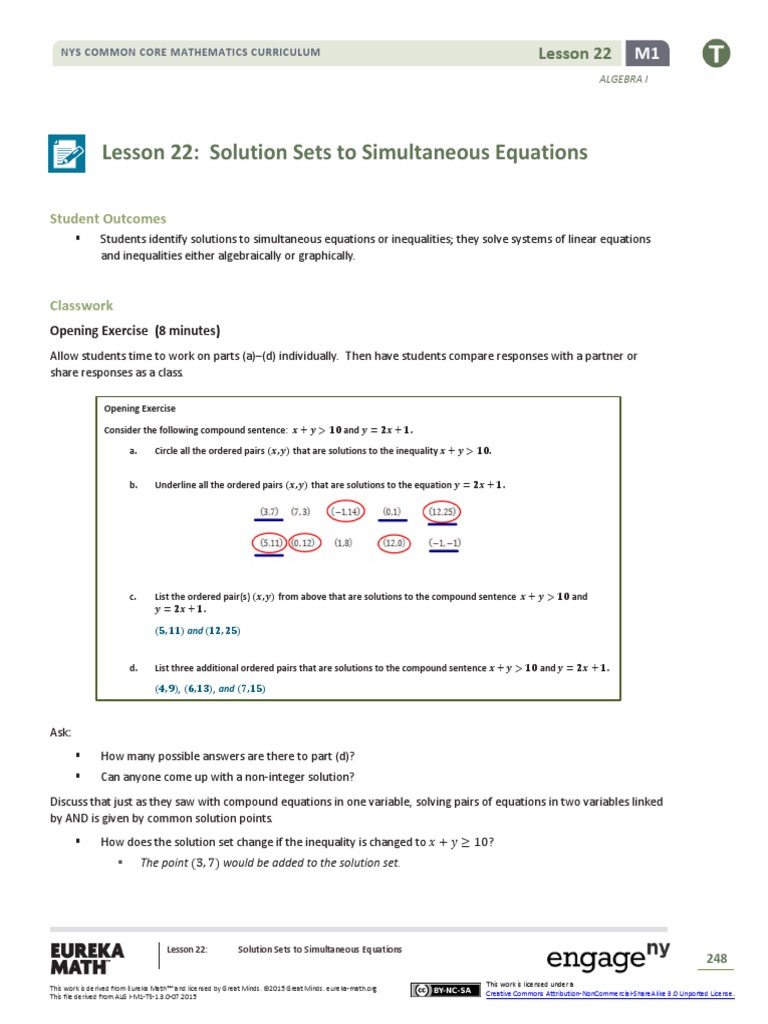 Lesson 22: Solution Sets To Simultaneous Equations: Student Outcomes ...