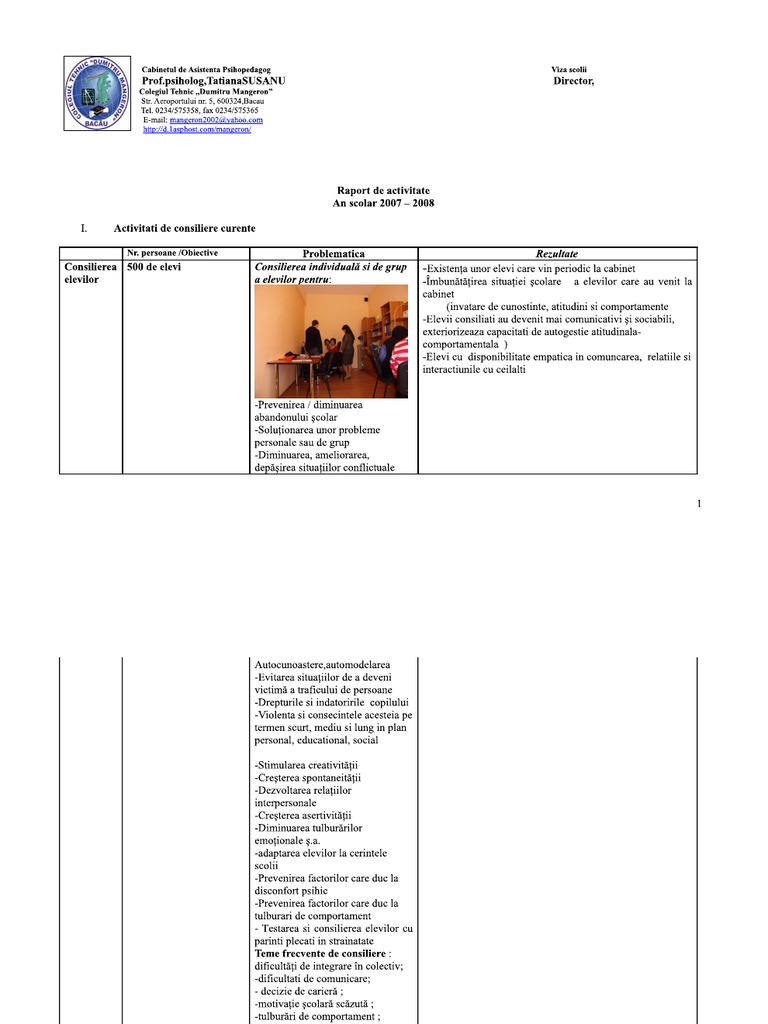 Raport Activitate Model Cabinet Asistenta Psihopedagogica