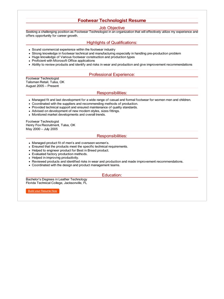 Footwear Technologist Resume PDF PDF