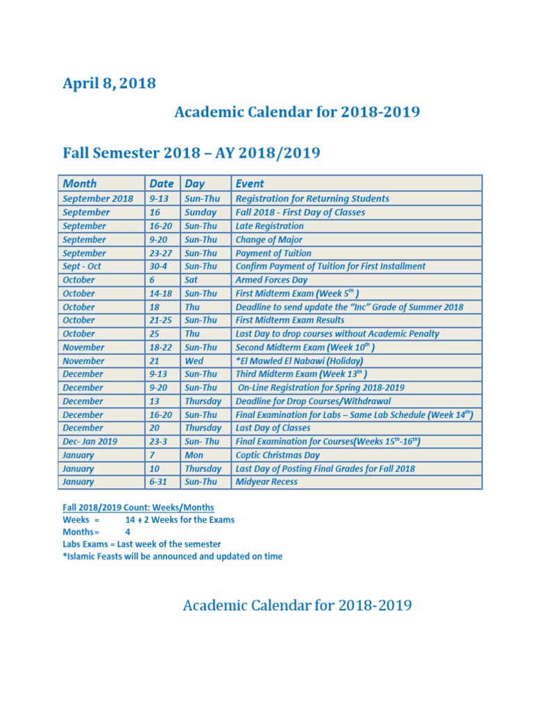 April 8, 2018 Academic Calendar For 2018-2019 Fall Semester 2018 - AY  2018/2019 | PDF | Academic Term | Academia