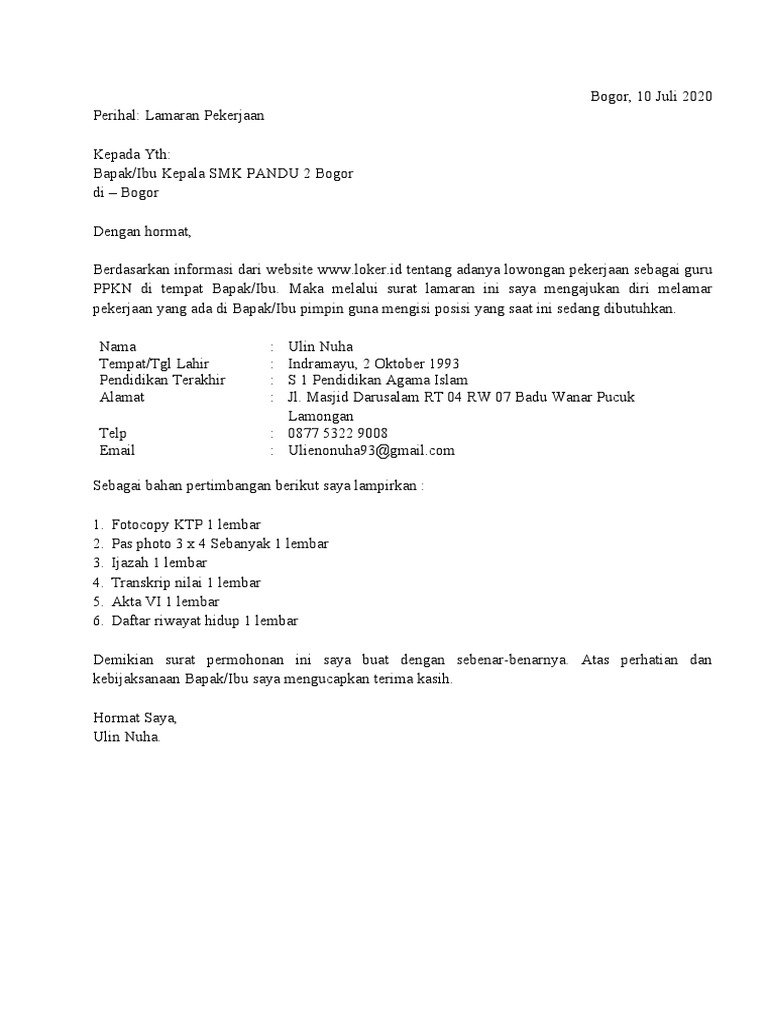 Surat Lamaran Kerja Guru Smk Pdf