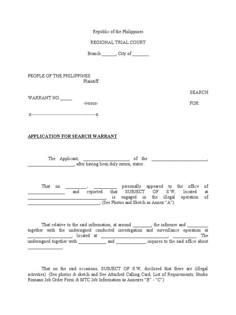 Search Warrant Application Template | PDF | Search Warrant | Legal Action