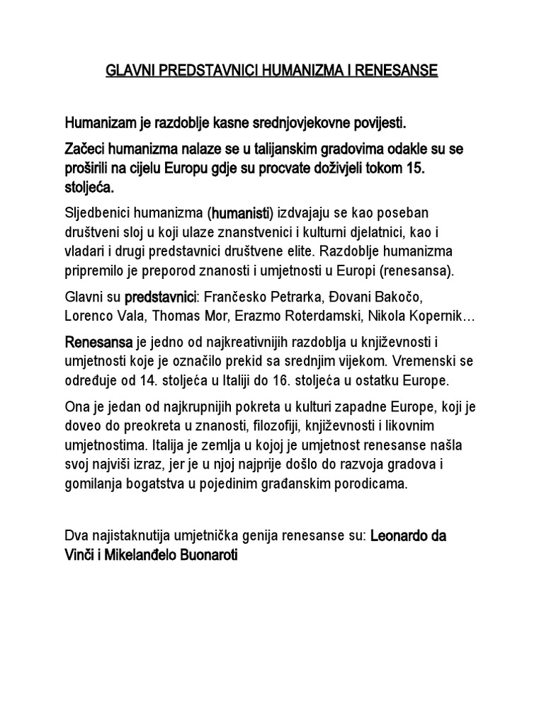 Glavni Predstavnici Humanizma I Renesanse | PDF
