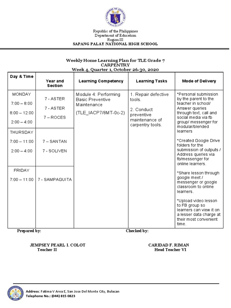 Grade 7 TLE Carpentry Weekly Plan | PDF | Teaching | Computing
