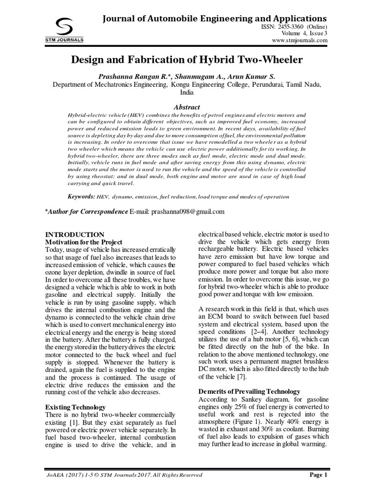 Design and Fabrication of Hybrid Two-Wheeler | PDF | Electric Motor ...