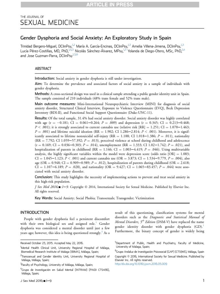 Gender Dysphoria and Social Anxiety | PDF | Mental Disorder | Anxiety ...