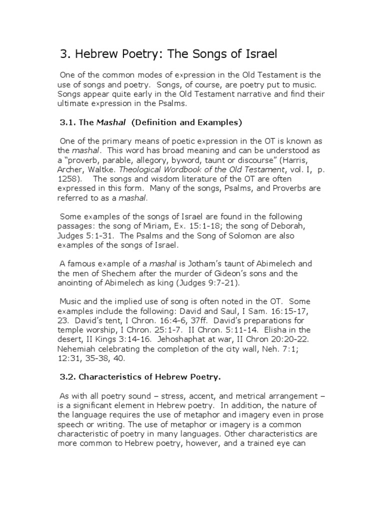 Hebrew Poetry The Songs of Israel 3.1. The Mashal (Definition and