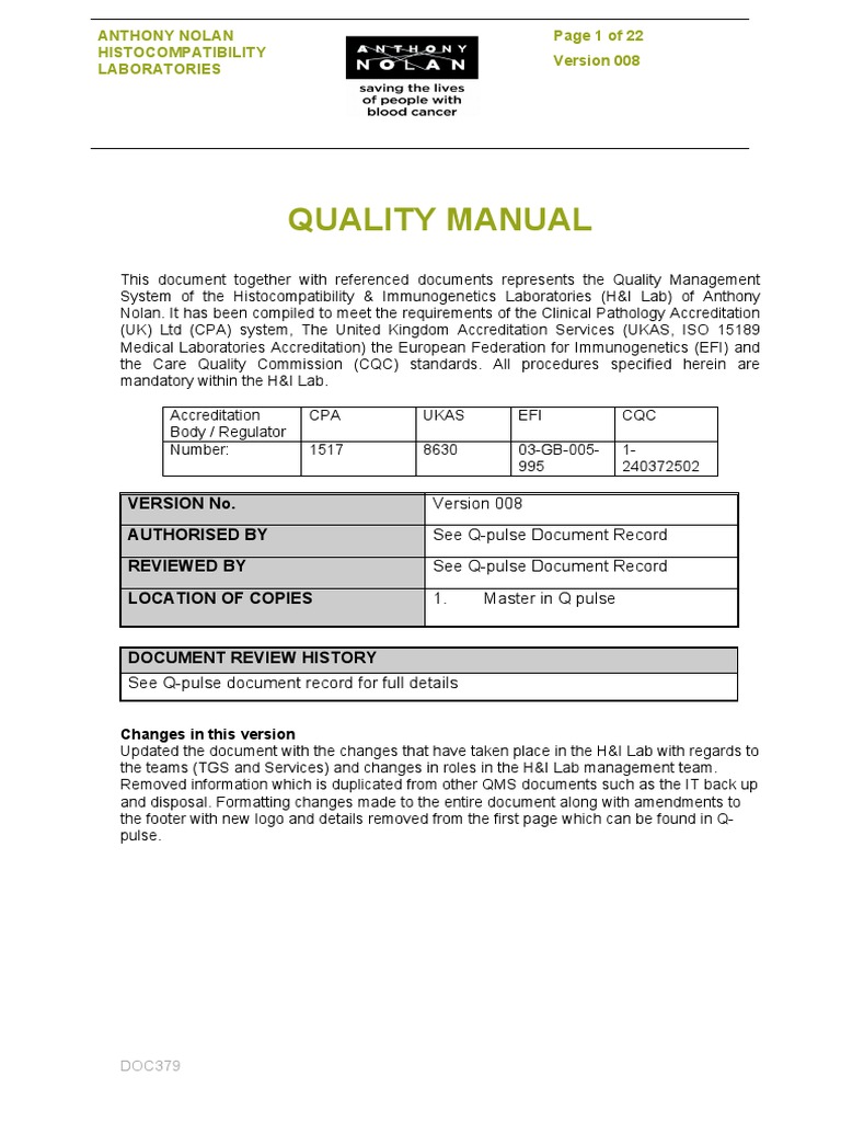 Anthony Nolan H&I Lab Quality Manual | PDF | Kidney Transplantation ...