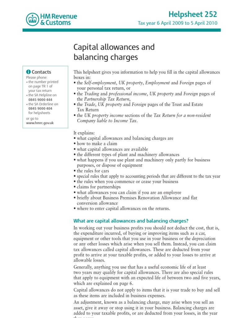 Capital Allowances and Balancing Charges hs252 (0910) PDF Value