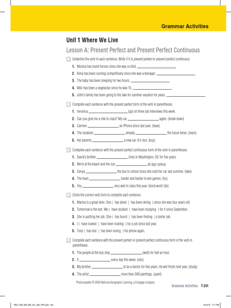 World English 3e Level 3 Grammar Activities Unit 1 Lesson A PDF | PDF ...