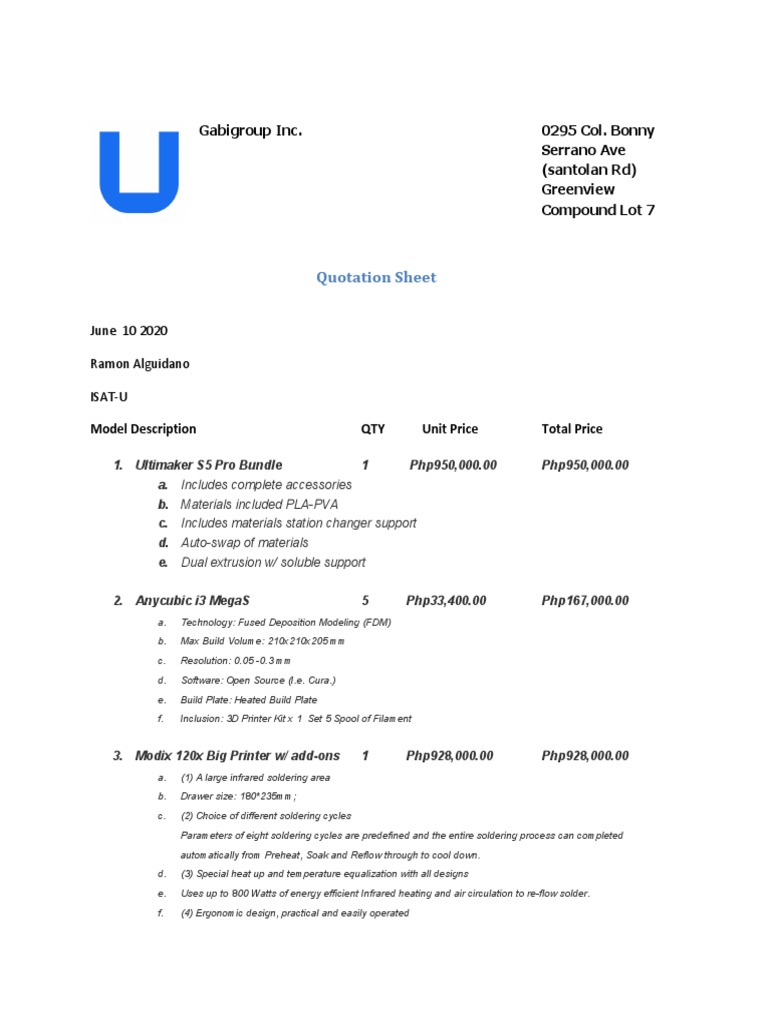 3D Printers & Equipment Quotation 2020 | PDF | Printed Circuit Board ...