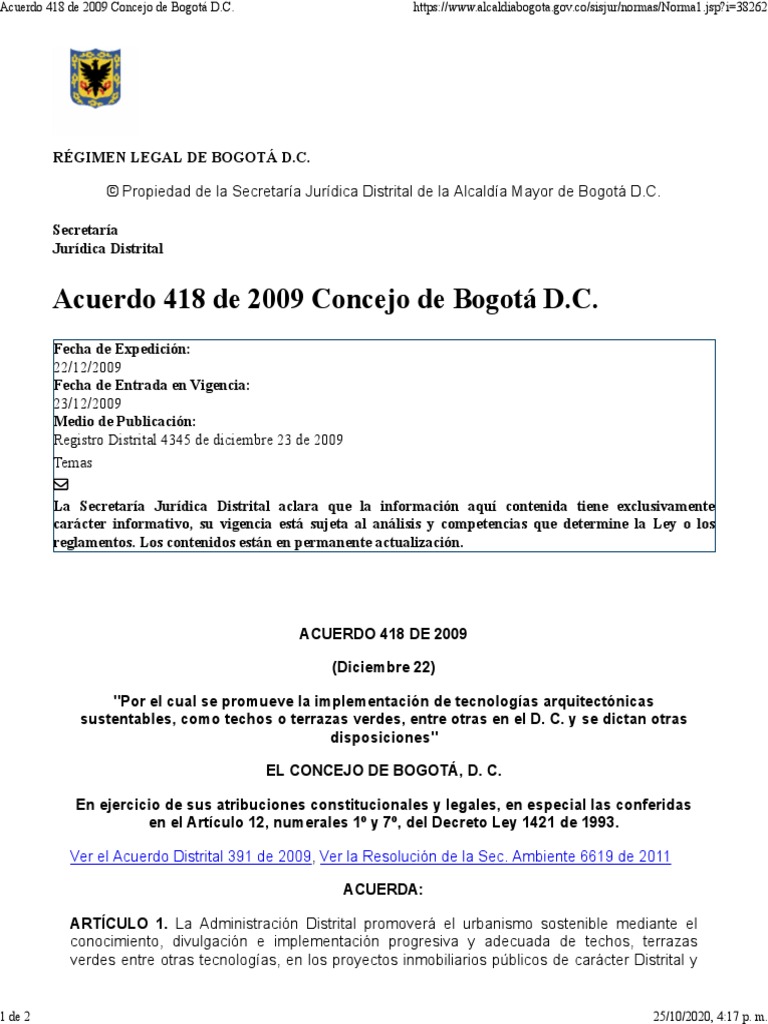 Acuerdo 418 de 2009-CB | PDF | Bogotá | Gobierno