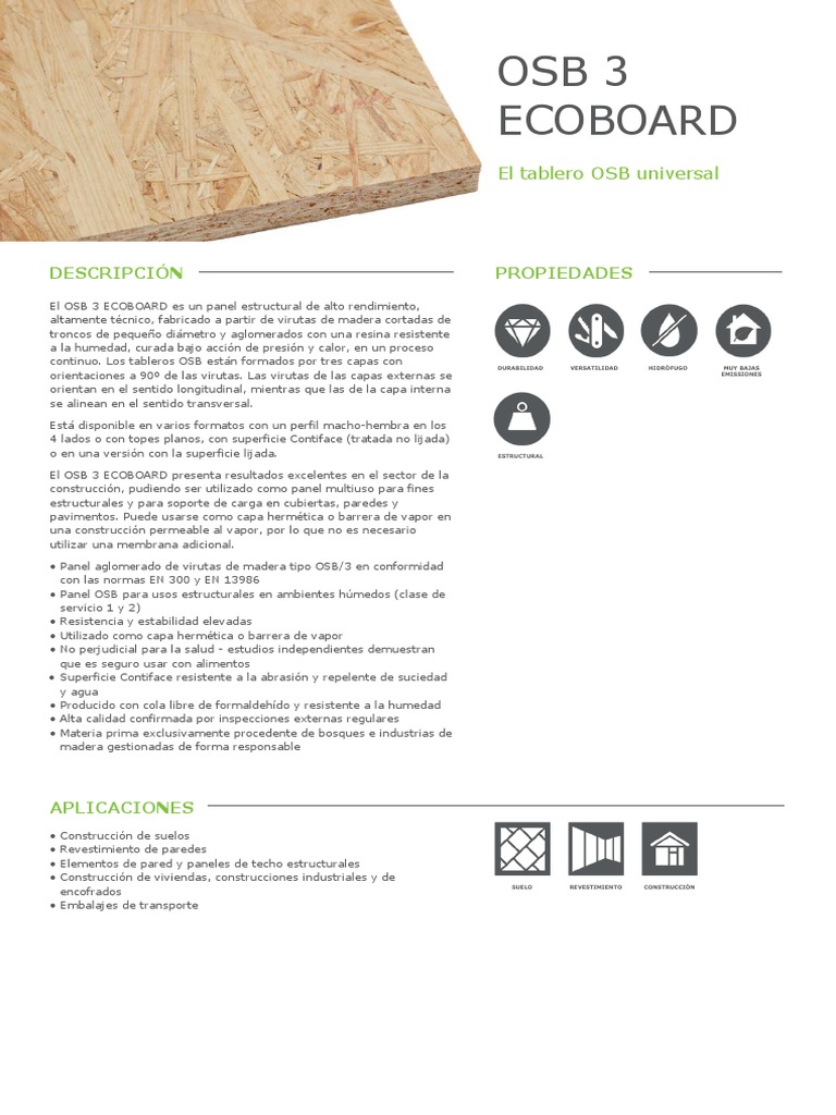 OSB 3 ECOBOARD Ficha Tecnica PDF | PDF | Madera | Productos de madera
