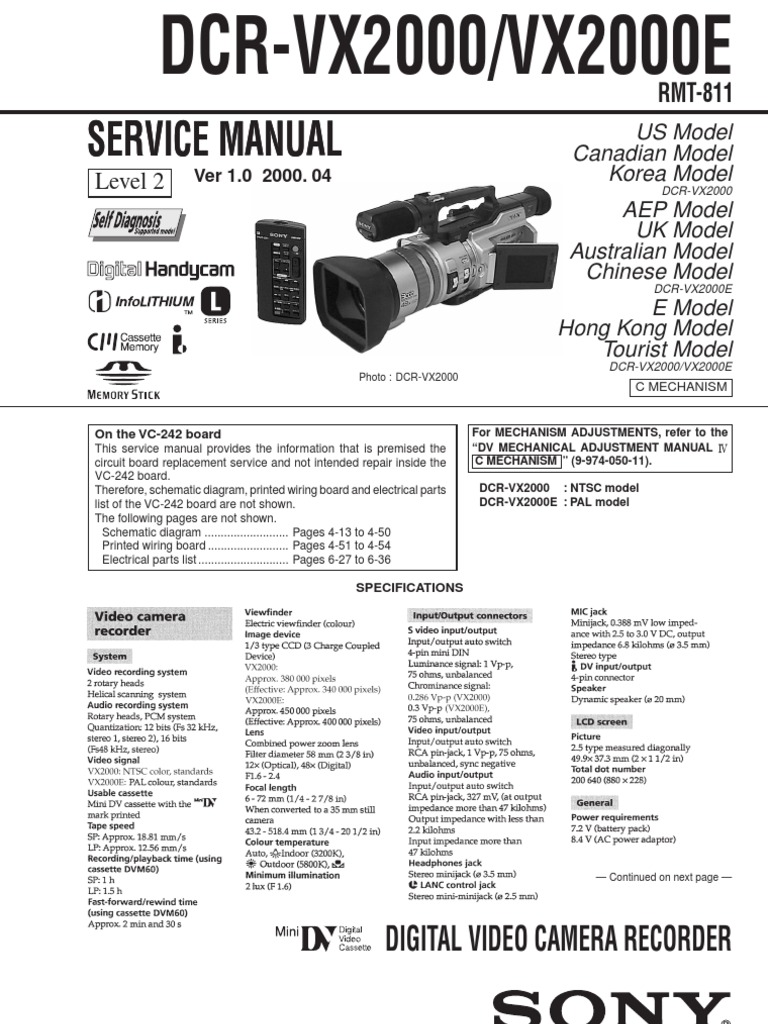 SONY DCR-VX2000 Service Manual Level 2 | PDF | Film And Video