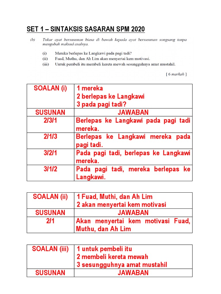 Skema Jawaban Set 1 20 Sintaksis Sasaran Spm 2020 Pdf