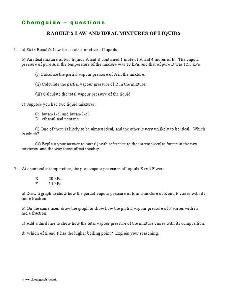 Raoult s law and ideal mixtures of liquids chemguide questions pdf