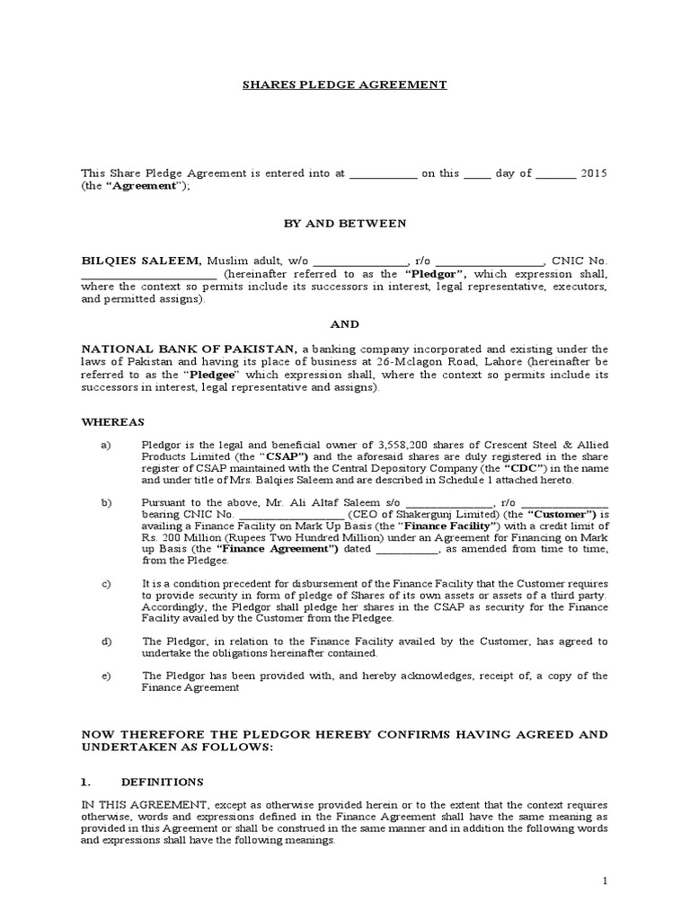 Draft Share Pledge Agreement PDF Guarantee Dividend
