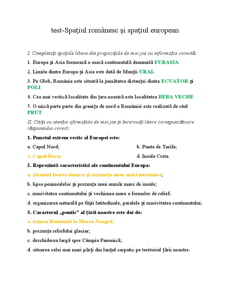 Test-Spatiul Romanesc Si European | PDF