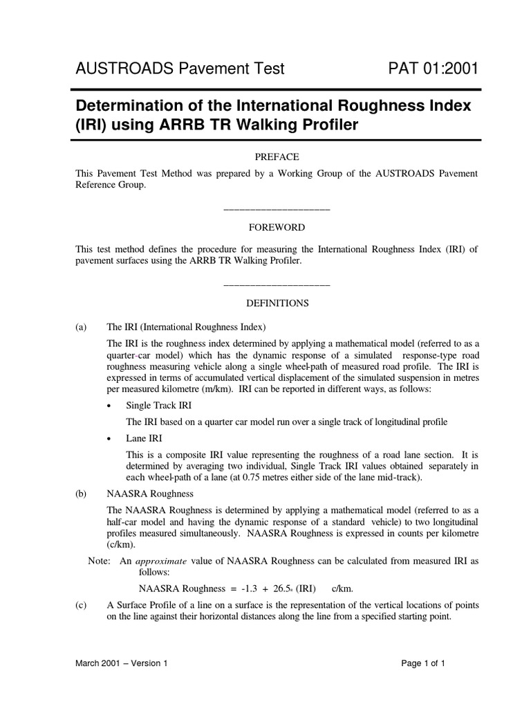Determination of The International Roughness Index (IRI) Using ARRB TR ...
