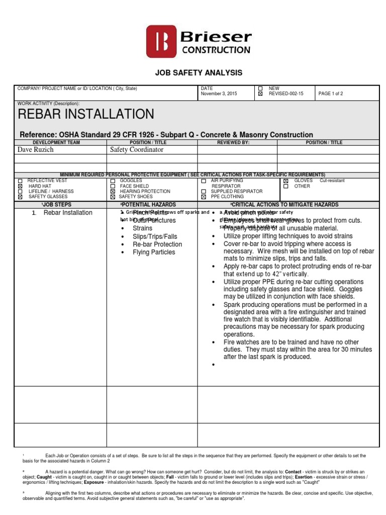 Rebar Installation Job Safety Analysis PDF Personal Protective Equipment Working Conditions