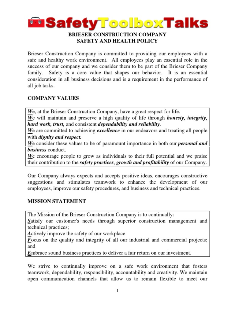 Brieser Construction Safety Policy | PDF | Business Ethics | Employment