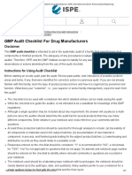 GMP Audit Checklist For Drug Manufacturers - ISPE - International Society For Pharmaceutical Engineering PDF