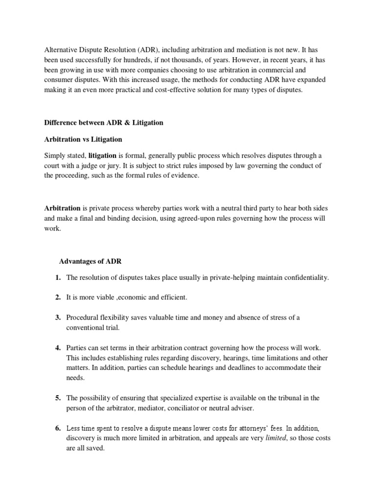 Advantages and Disadvantages of ADR PDF Alternative Dispute