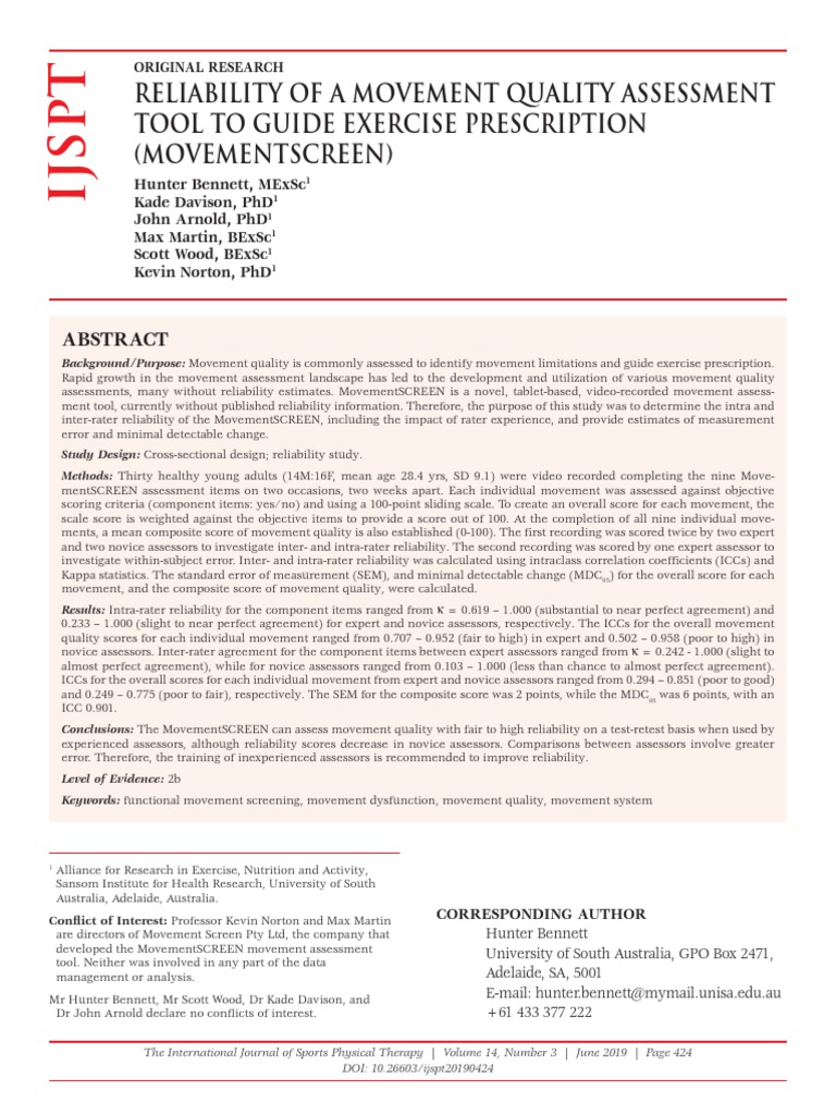 Reliability of A Movement Quality Assessment Tool To Guide Exercise ...