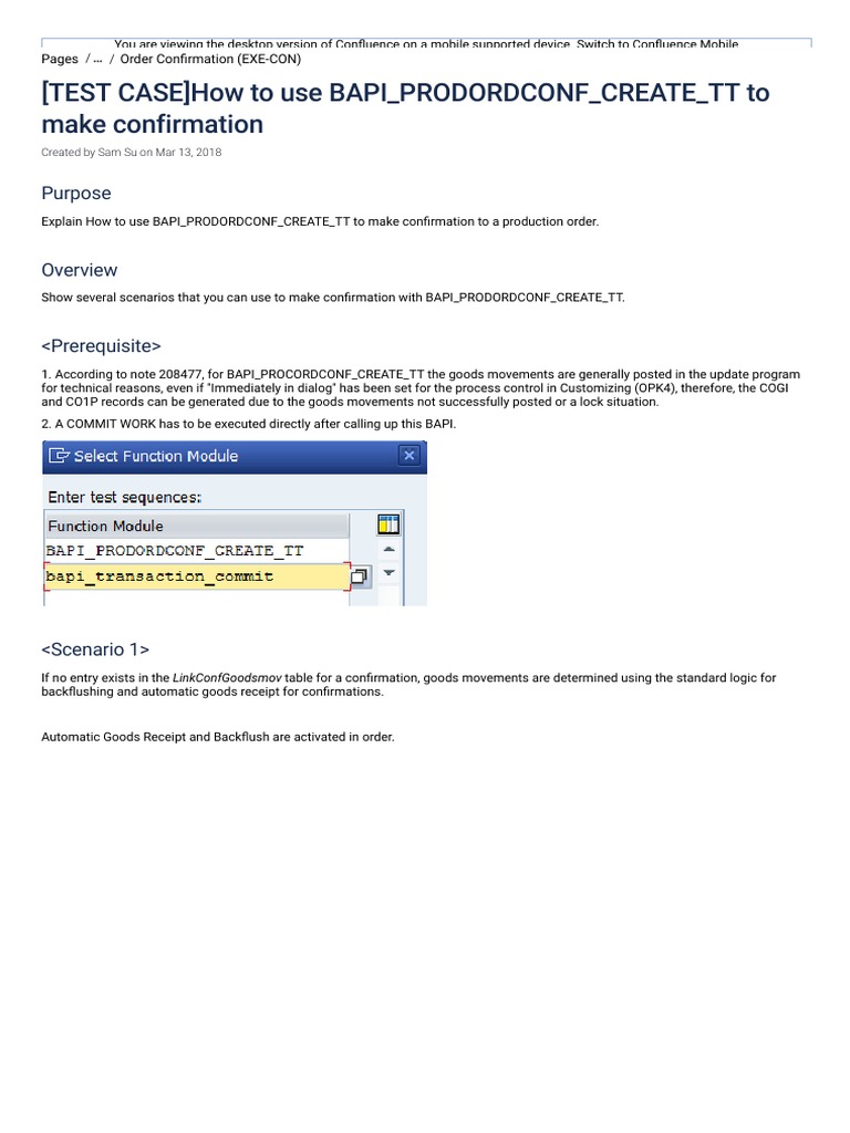 (TEST CASE) How To Use BAPI PRODORDCONF CREATE TT To Make