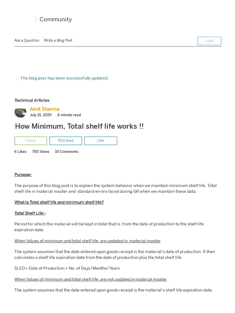 How Minimum, Total Shelf Life Works !! - SAP Blogs | PDF | Shelf Life ...