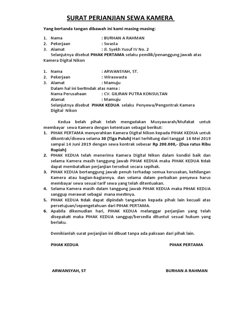 Surat Perjanjian Sewa Kamera | PDF