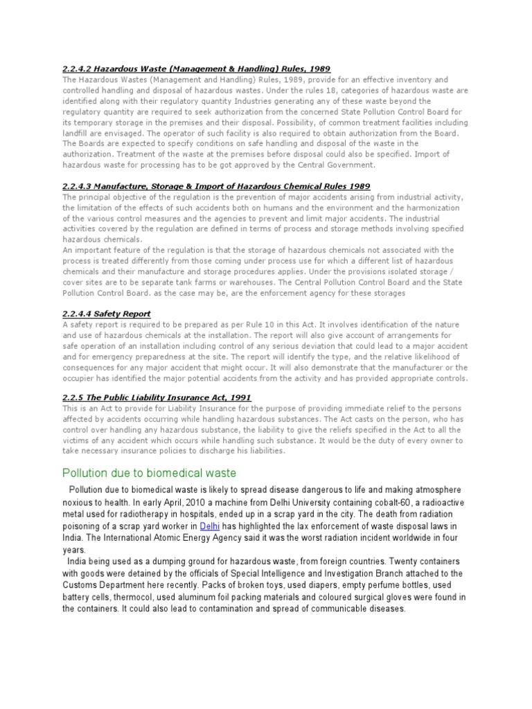 Pollution Due To Biomedical Waste 2.2.4.2 Hazardous Waste (Management