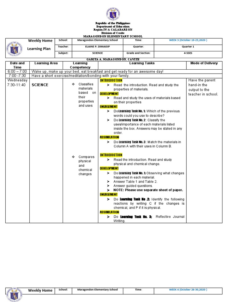 Weekly Home Learning Plan: Science | PDF | Learning | Cognitive Science