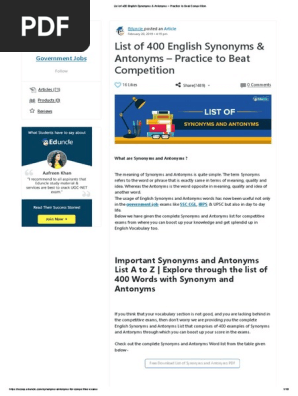 List Of 400 English Synonyms Antonyms Practice To Beat Competition Pdf Lexical Semantics
