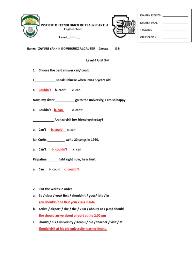 English Test for Level 4 Students | PDF | Grammar | Syntax