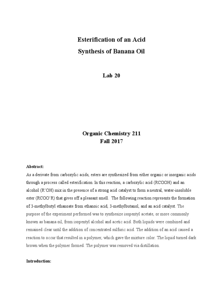 Lab 20 Synthesis of Banana Oil PDF Ester Chemical Reactions