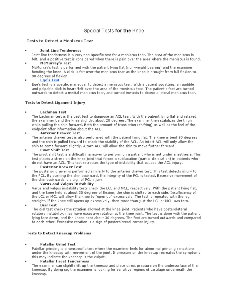 Special Tests For The Knee Pdf Knee Diseases And Disorders