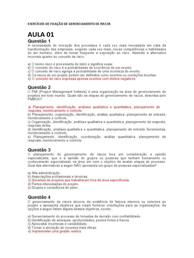 Exercícios de Fixação de Gerenciamento de Riscos | PDF ...