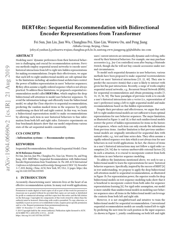 BERT4Rec Sequential Recommendation With BidirectionalEncoder ...