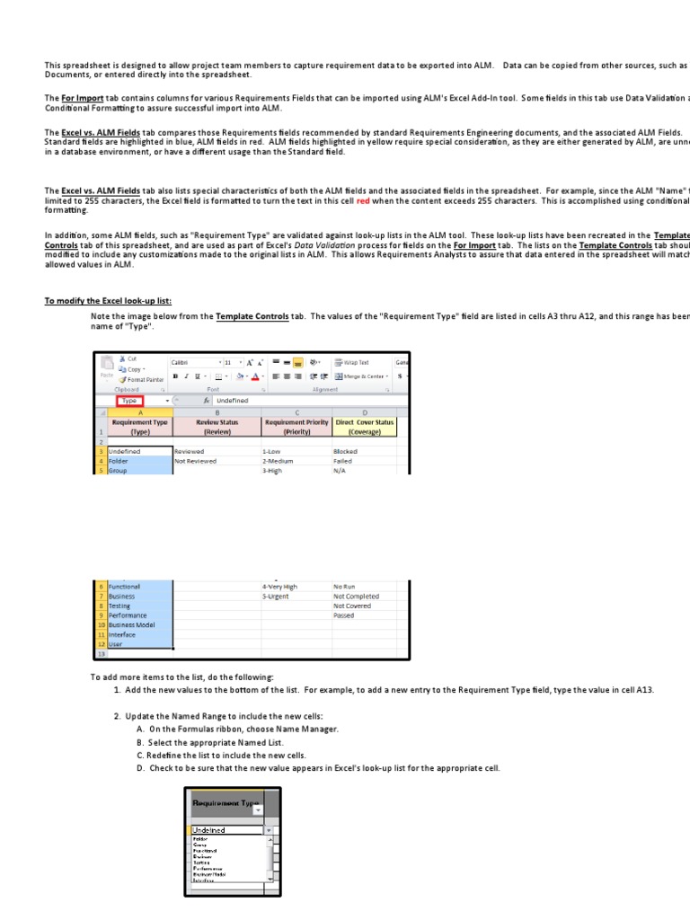 ALM Requirements Excel Template Guide | PDF | Microsoft Excel | Spreadsheet