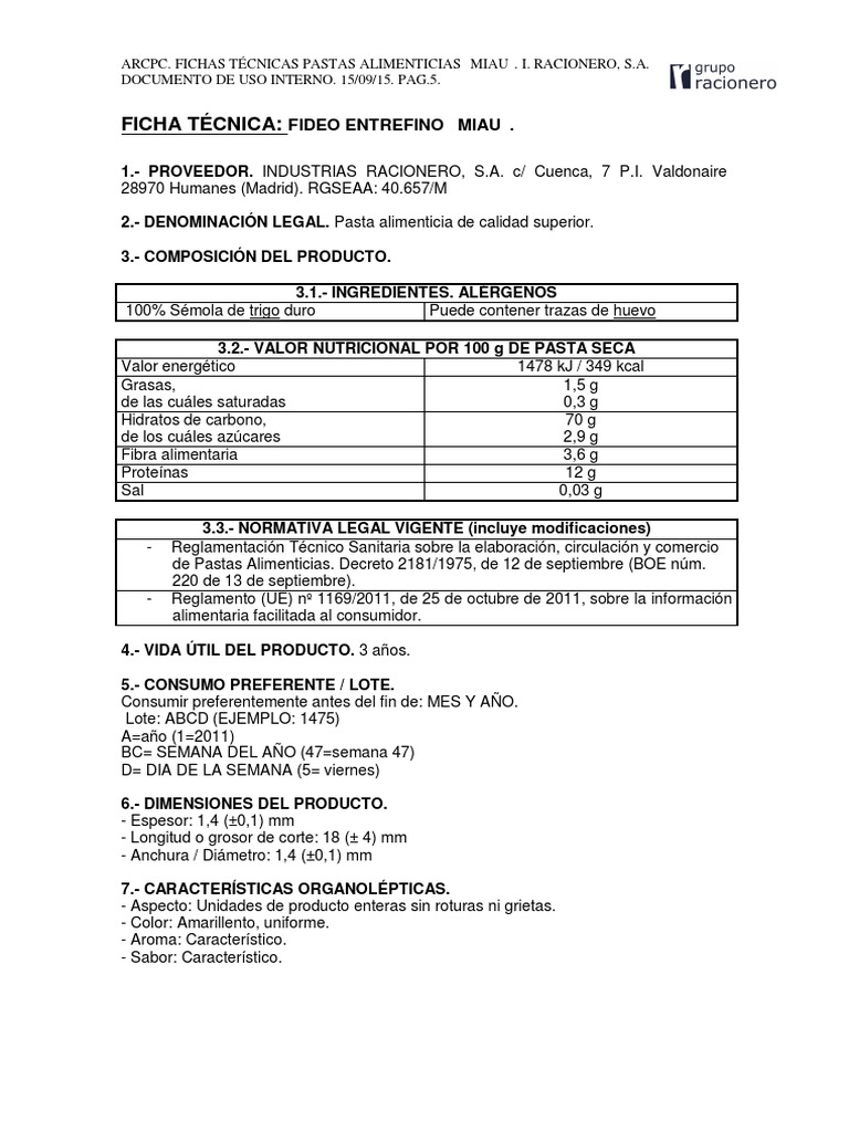Ficha Tecnica Pasta Comarico PDF Pasta Alimentos