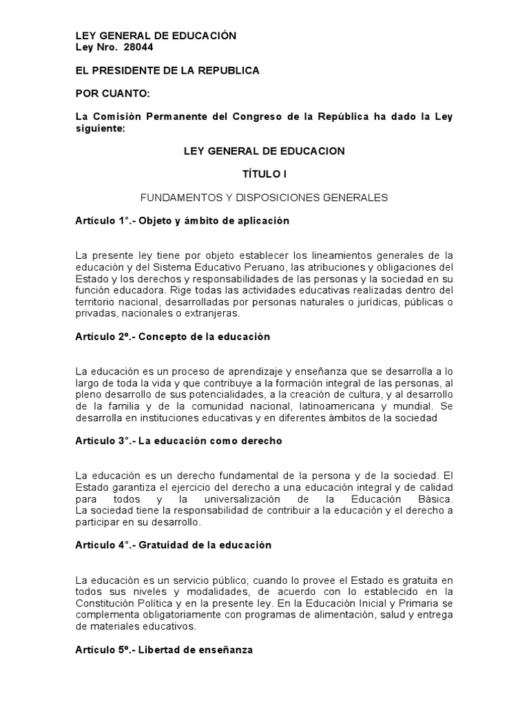 Ley General de Educacion 28044 PDF | PDF | Política