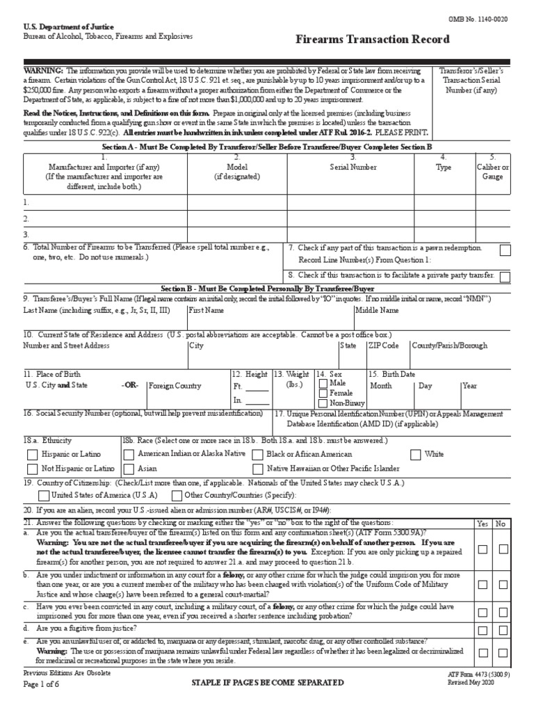 Firearms Transaction Record: ATF Form 4473 (5300.9) Revised May 2020 | PDF  | National Instant Criminal Background Check System | Bureau Of Alcohol
